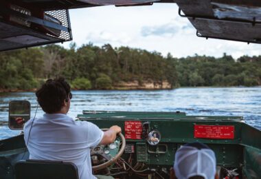 Driving into the Wisconsin River on a duck in the Wisconsin Dells.