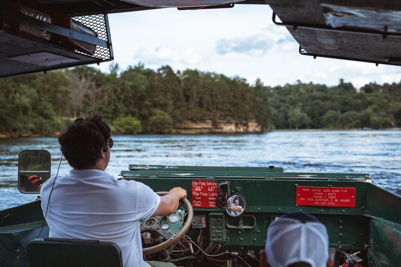 Wisconsin Dells duck boat driving into the river