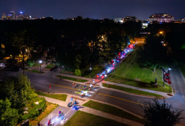 Bikers head down the Midtown Greenway in Uptown Minneapolis during a Joyful Riders Club ride.