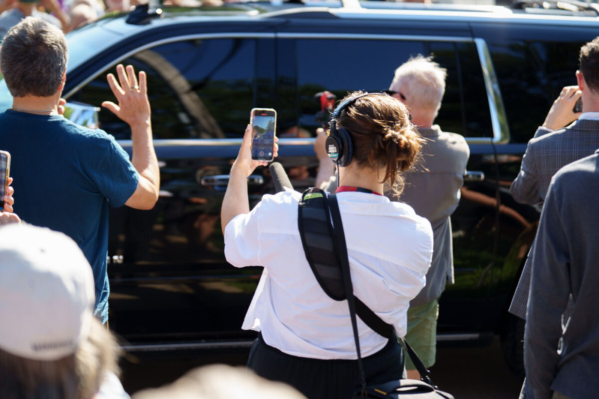 Outside the Eastcliff mansion in St. Paul this morning as Gov Tim Walz prepared to walk out for the first time after being picked as Kamala Harris's VP. Leaving out the back door, he got in a State Patrol SUV to the airport. He'll have Secret Service protection when he lands.