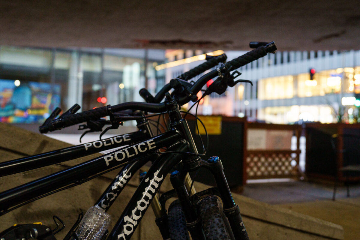 A Volcanic Bike brand "Patrol Bike" parked outside a downtown Minneapolis bar and grill. The bikes are used by the Minneapolis Police Department.