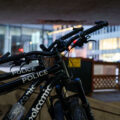 A Volcanic Bike brand "Patrol Bike" parked outside a downtown Minneapolis bar and grill. The bikes are used by the Minneapolis Police Department.