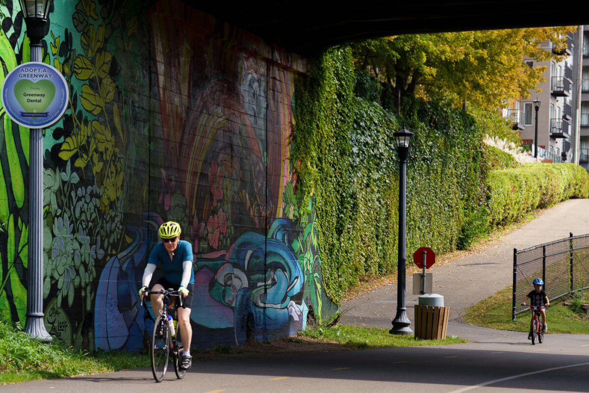 Bikers on the Midtown Greenway in September 2024