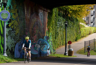 Bikers on the Midtown Greenway in September 2024