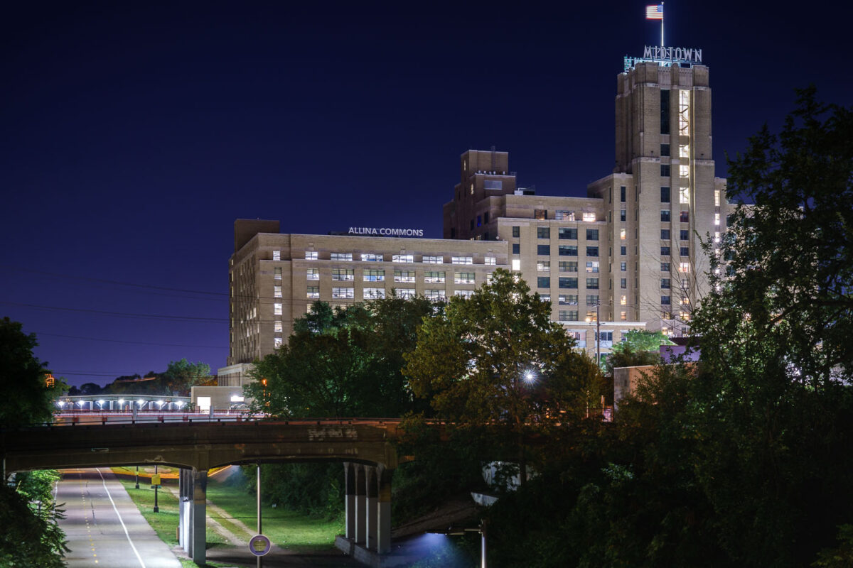 Midtown Exchange and the Midtown Greenway in Minneapolis. Built in the 1920s, it's almost identical to The Landmark Center in Boston. Originally built for Sears, it's said to be the second largest building in Minnesota when it comes to leasable space, after the Mall of America.