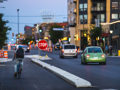 Biker on New Lake Street Bike Lane, Minneapolis