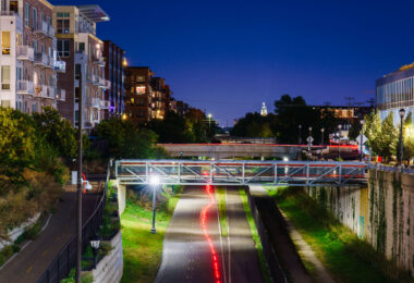 The Midtown Greenway trail at Girard Avenue as seen from Hennepin Avenue in Uptown Minneapolis.