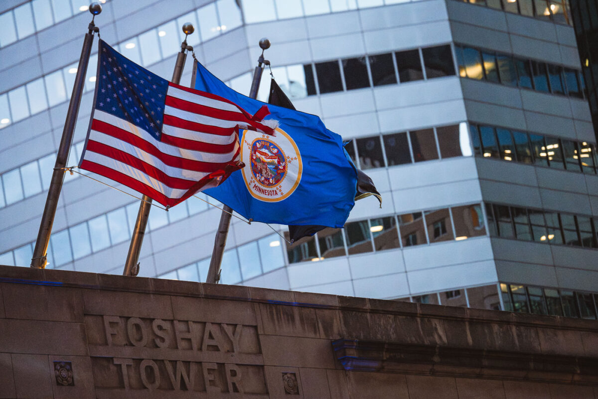 The since re-designed Minnesota State Flag flying at the Foshay Tower in Downtown Minneapolis.