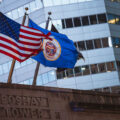 The since re-designed Minnesota State Flag flying at the Foshay Tower in Downtown Minneapolis.