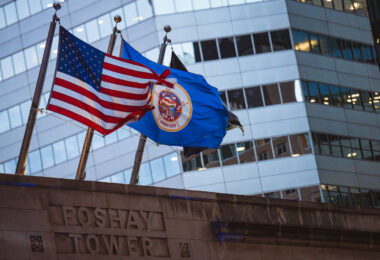 The since re-designed Minnesota State Flag flying at the Foshay Tower in Downtown Minneapolis.