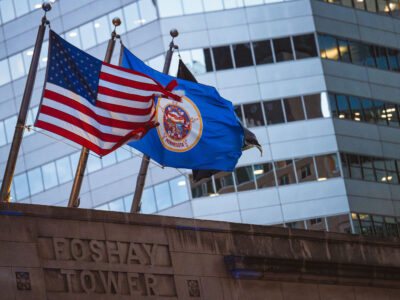 American and Minnesota Flags at Foshay Tower, Minneapolis