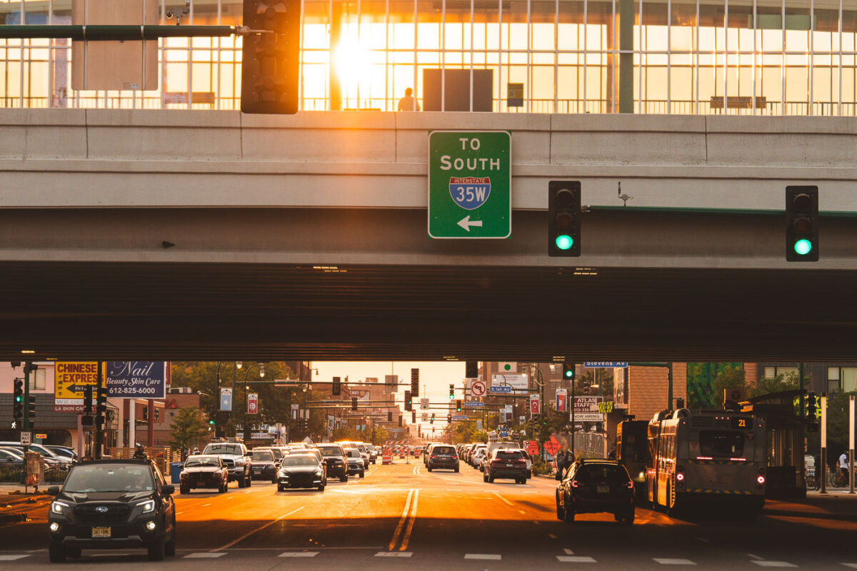 Warm light from a September sunset on Lake Street in Minneapolis.