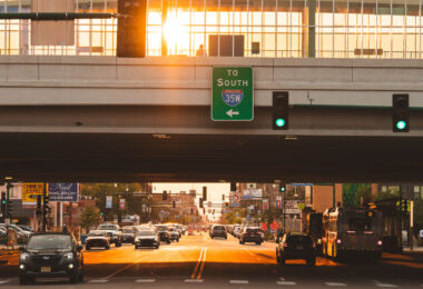 Warm light from a September sunset on Lake Street in Minneapolis.