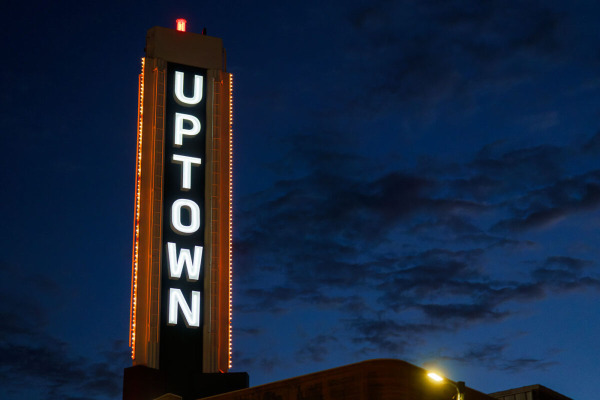 A lit up Uptown Theater sign on Hennepin Avenue in Minneapolis.