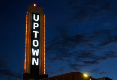 A lit up Uptown Theater sign on Hennepin Avenue in Minneapolis.
