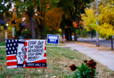 A Kamala Harris Tim Walz for President yard sign seen in South Minneapolis;