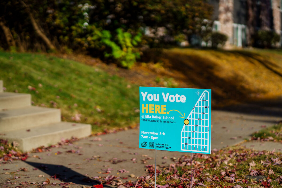 A MNVotes.gov "You vote here" sign in a yard in South Minneapolis in October 2024.