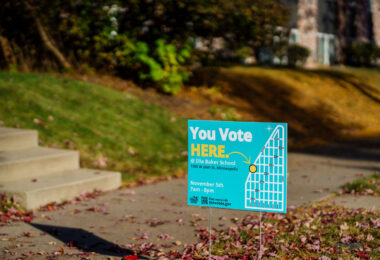 A MNVotes.gov "You vote here" sign in a yard in South Minneapolis in October 2024.
