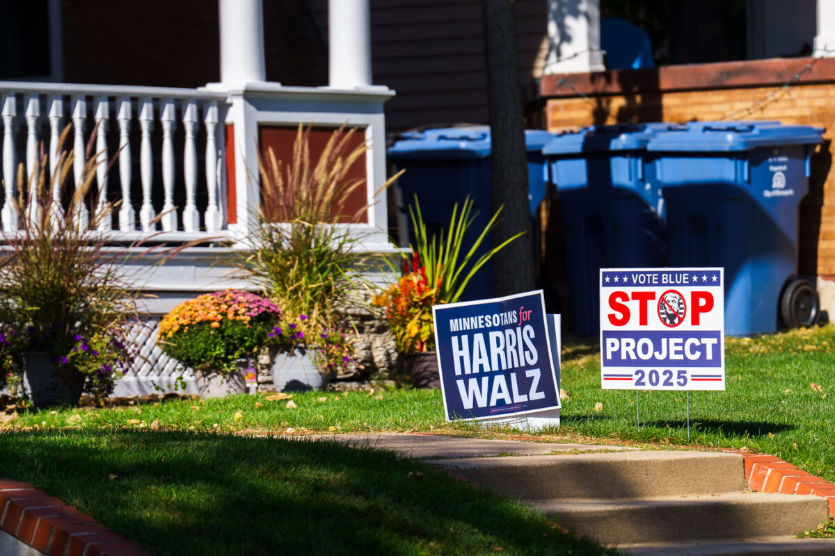 "Stop Project 2025" "Minnesotans For Harris Walz" yard signs in South Minneapolis.