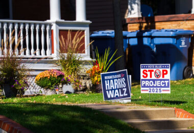 "Stop Project 2025" "Minnesotans For Harris Walz" yard signs in South Minneapolis.