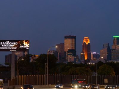Abandoned Hayride Billboard on I-35W, Minneapolis Skyline