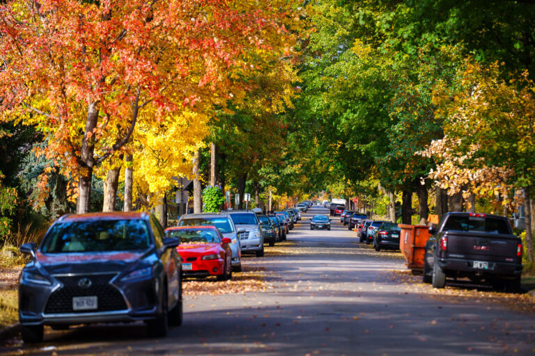 Harriet Ave, Minneapolis: Autumn Trees and Street Parking 4 Harriet Avenue in Minneapolis is lined with trees displaying vibrant autumn foliage in late October. This residential street, located in the Uptown Minneapolis area, is characterized by its mature trees and on-street parking, typical of many older urban neighborhoods. The area experienced significant events during the Minneapolis Uprising in 2020, though this image focuses on the seasonal beauty of the streetscape.