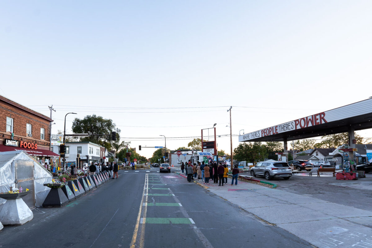 Visitors at George Floyd Square. The area has been a place of protest since the murder of George Floyd in May 2020.