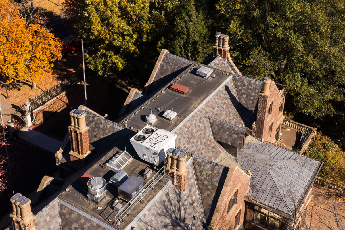 As Governor Tim Walz is on the presidential campaign trail, graffiti has appeared on the roof of the Minnesota Governor's Residence. The Governor and his family temporarily moved to the University of Minnesota’s Eastcliff mansion last year while the residence is renovated. Graffiti reads "WALZ FAILED".