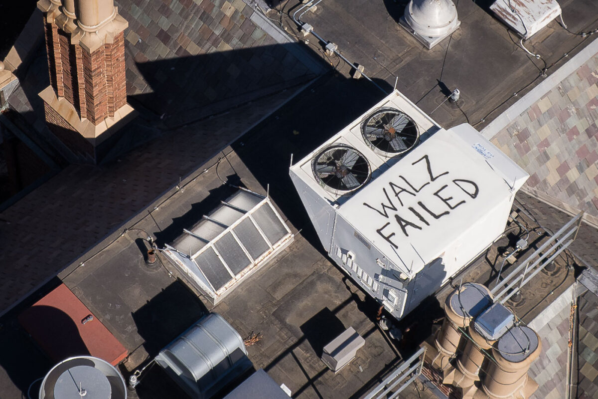 As Governor Tim Walz is on the presidential campaign trail, graffiti has appeared on the roof of the Minnesota Governor's Residence. The Governor and his family temporarily moved to the University of Minnesota’s Eastcliff mansion last year while the residence is renovated. Graffiti reads "WALZ FAILED".