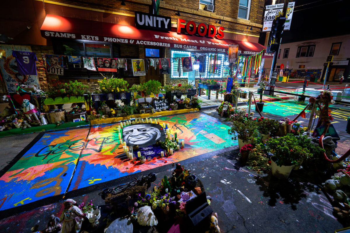 Birthday candles an the George Floyd Memorial in George Floyd Square as seen in November 2024. The memorial is part of an ongoing protest at the intersection since the murder of George Floyd on May 25th, 2020.