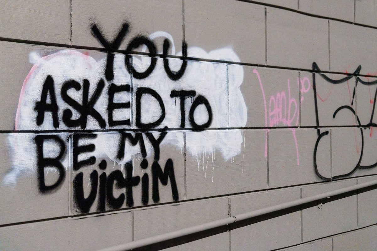 Black spray-painted graffiti reading "YOU ASKED TO BE MY VICTIM" on the Loring Bike Bridge in Minneapolis.