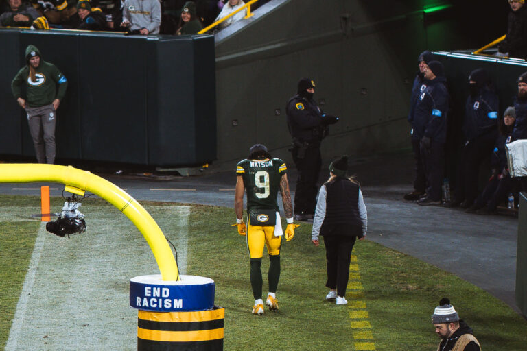 Christian Watson leaves the field 1 Green Bay Packers wide receiver Christian Watson leaves the field on December 23, 2024 in a game vs the New Orleans Saints.