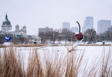 A fresh snowfall on the Spoonbridge and Cherry at the Walker Sculpture Garden near Downtown Minneapolis.