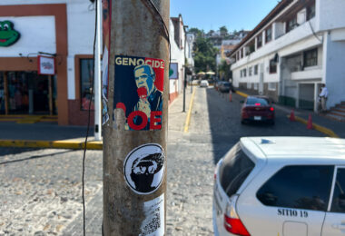 A "Genocide Joe" sticker seen in Puerto Vallarta.
