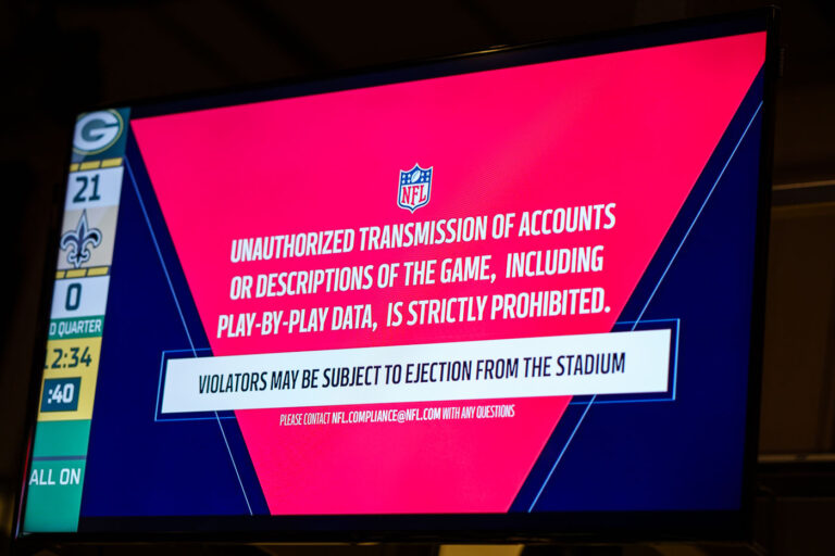 NFL Unauthorized Transmission Warning 3 "Unauthorized transmission of accounts or descriptions of the game, including play-by-play data, is strictly prohibited. Violators may be subject to ejection from the stadium."