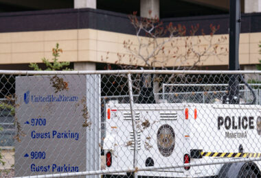 Newly erected fencing and Minnetonka Police security cameras outside the corporate headquarters of UnitedHealthcare in Minnetonka, Minnesota on December 8, 2024. The insurance company’s CEO Brian Thompson was killed on December 4th, 2024 in New York City. The man who was shown on a security camera shooting Thompson has not yet been identified or arrested.