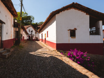 San Sebastián del Oeste Cobblestone Street with Bougainvillea