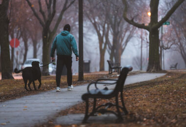 A man walks his dog on The Mall on a a unusually warm late December night.