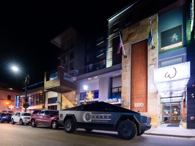 Cortez Landscaping's Cybertruck on Lake Street in Uptown
