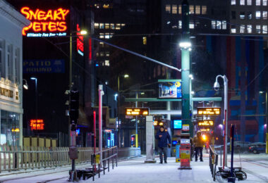 Light snow at the Warehouse District/Hennepin Avenue.