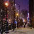 A jogger in the snow on Washington Avenue in the North Loop near Bunkers Bar & Grill.