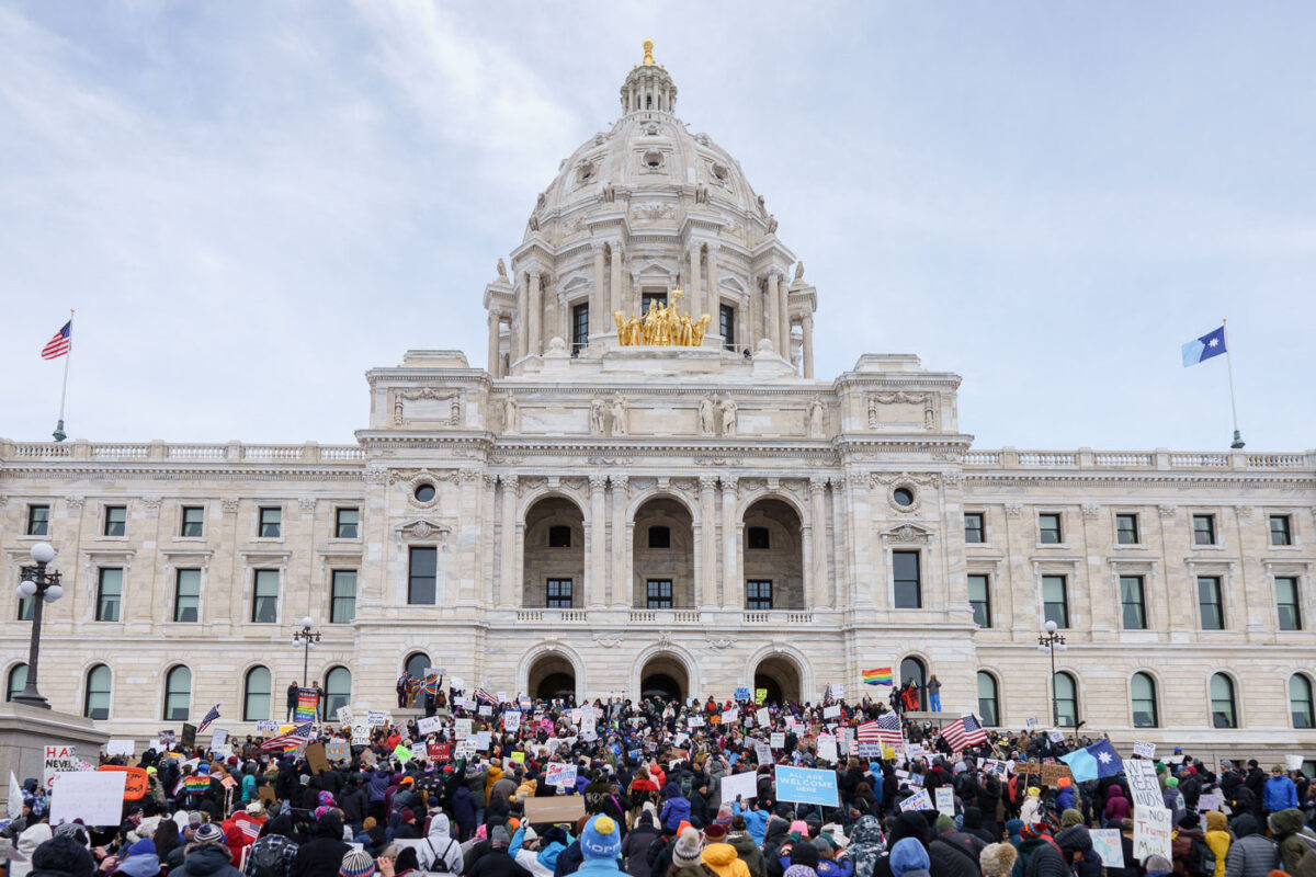 Large crowd gathered at the Minnesota State Capitol on February 5, 2025 protesting the actions of President Trump and Elon Musk.