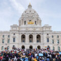 Large crowd gathered at the Minnesota State Capitol on February 5, 2025 protesting the actions of President Trump and Elon Musk.