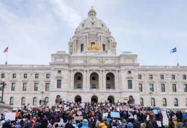 Large crowd gathered at the Minnesota State Capitol on February 5, 2025 protesting the actions of President Trump and Elon Musk.