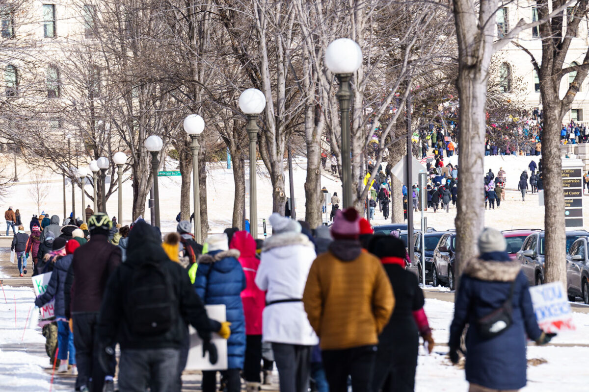 Protesters arriving at the Minnesota State Capitol on February 5, 2025. They come to protest Project 2025, Donald Trump and Elon Musk.