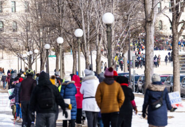 Protesters arriving at the Minnesota State Capitol on February 5, 2025. They come to protest Project 2025, Donald Trump and Elon Musk.