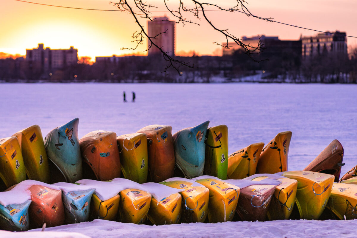 Canoes and kayaks in the snow in Minneapolis