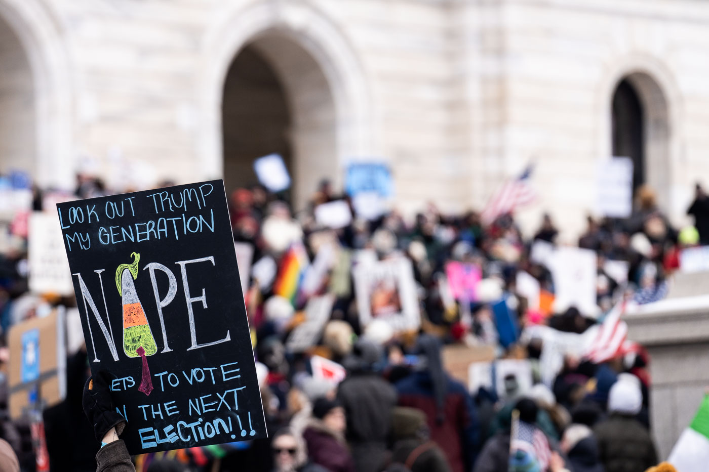 Protester at the Minnesota State Capitol on February 5, 2025. Those gathered were protesting the Trump administration and Elon Musk