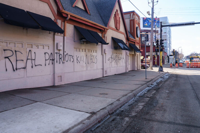 Lyndale Avenue graffiti: Real patriots kill nazis 1 Graffiti on a long vacant building on Lyndale Avenue in South Minneapolis. It reads "Real patriots kill nazis"