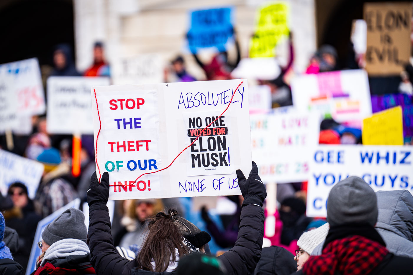 Protester at the Minnesota State Capitol on February 5, 2025 holding up a sign that reads "Stop the theft of our info!" "Absolutely no one voted for elon musk! None of us!".